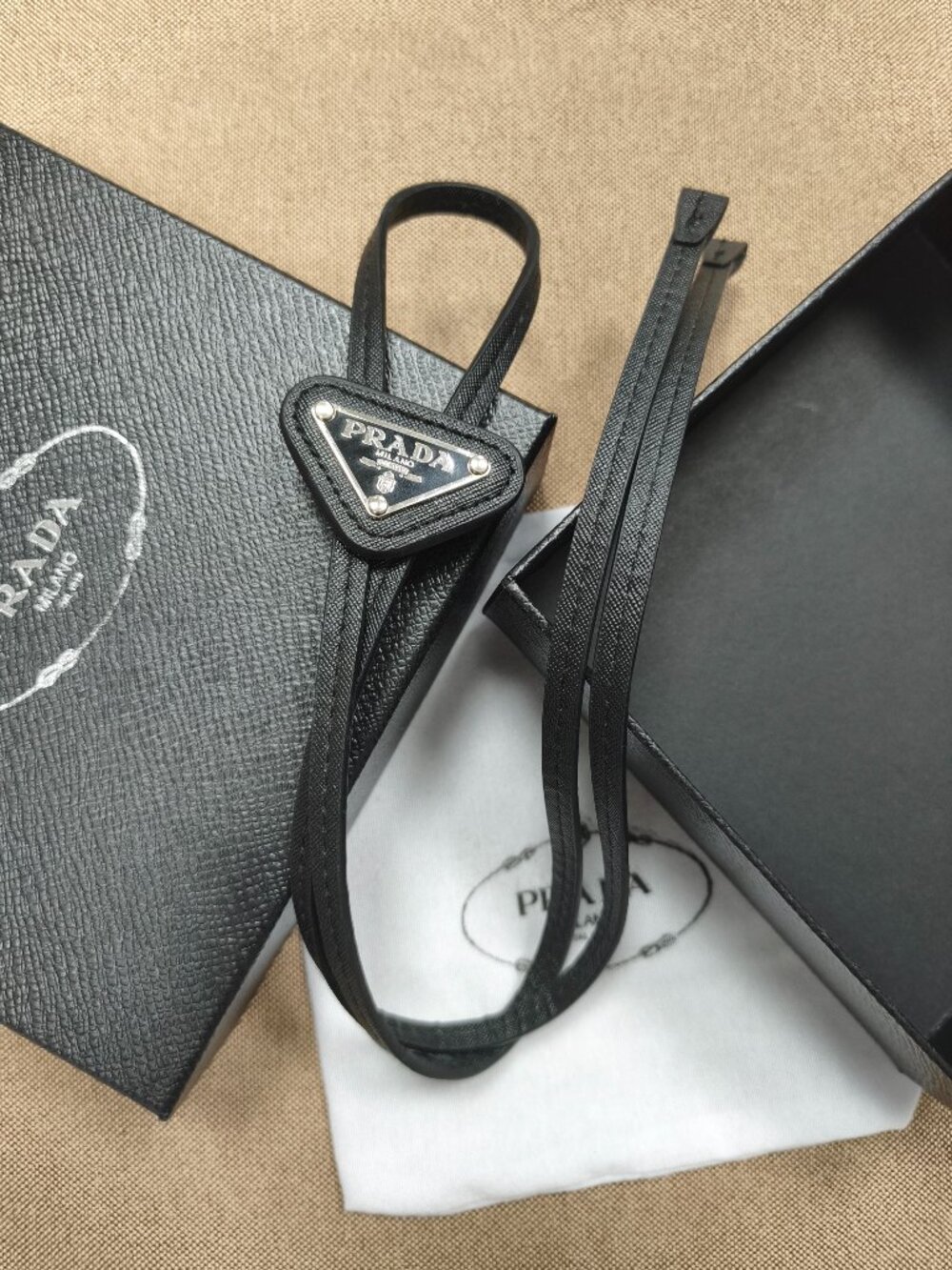 New Prada Unisex Black Leather Adjustable Bolo Tie - With Box🎄🎁